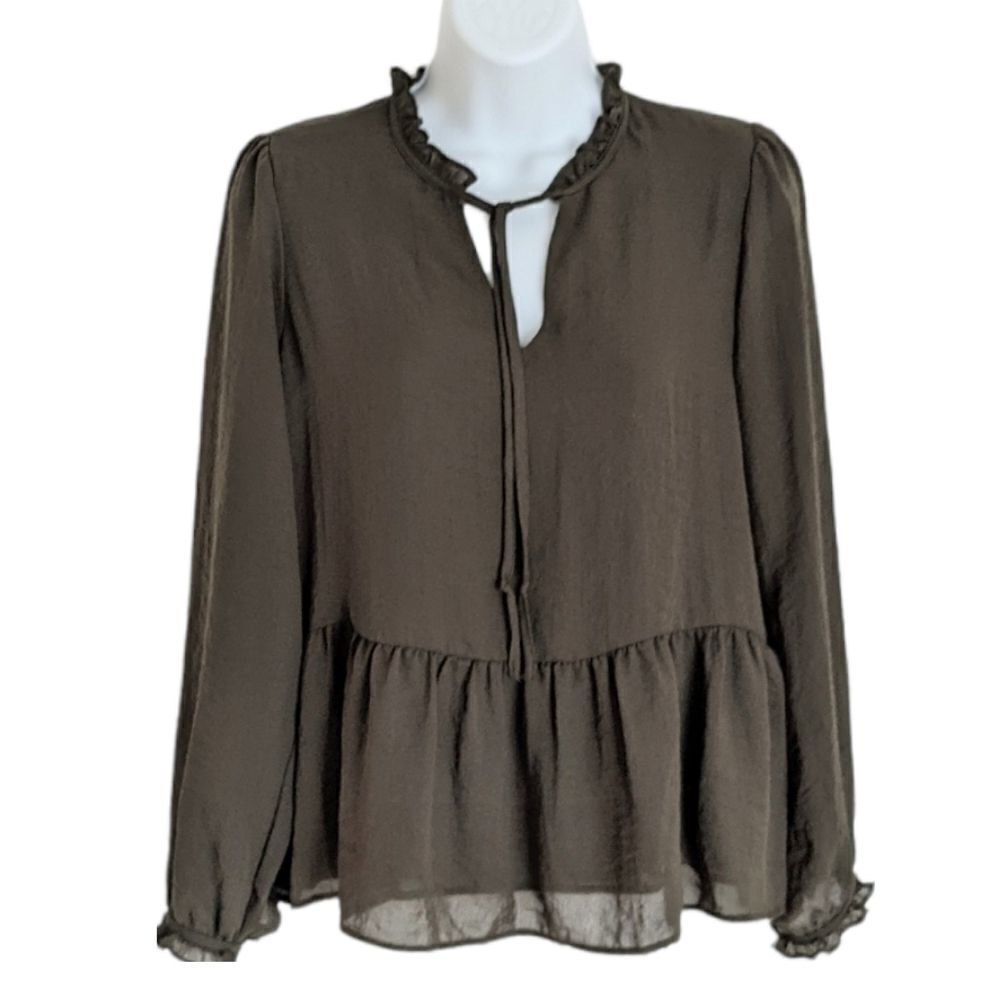Loft khaki ruffle neck ruffle sleeves boho blouse XSP